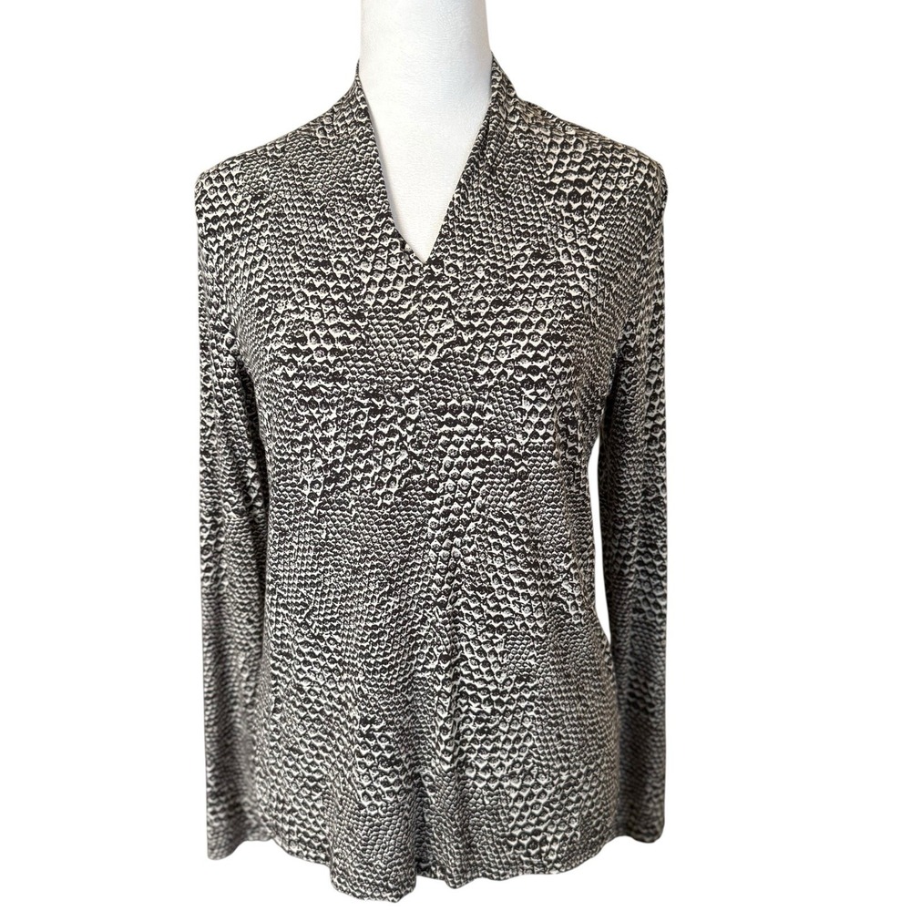 Talbots High Collar V-Neck Top Blouse Medium Brown Beige Snake Print‎ Siren Work
